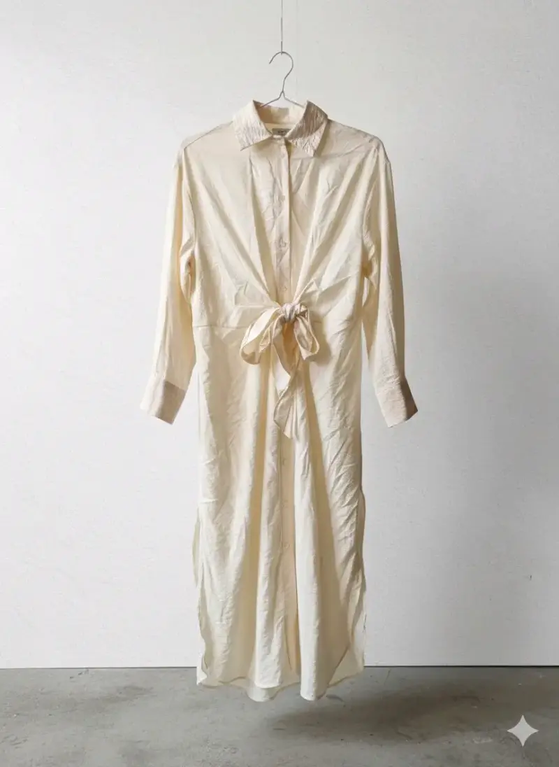 Vestido camisero beige con lazo - 1