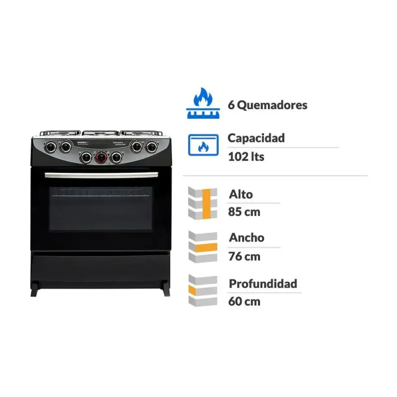 Cocina a gas Sindelen 6 quemadores negra con horno - 2