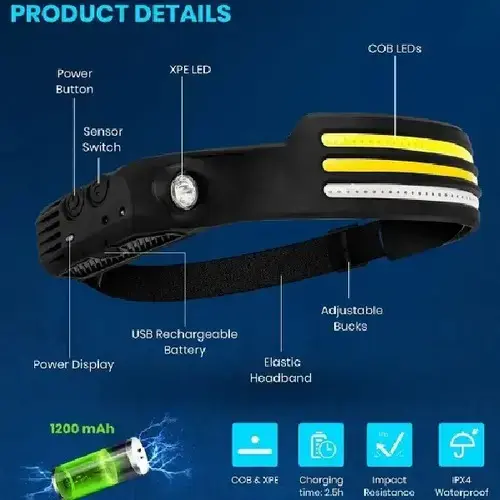Linterna Frontal Recargable con Sensor y LED COB