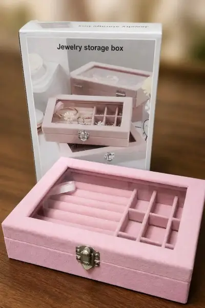 Caja organizadora de joyas rosa con tapa transparente - miniatura 1