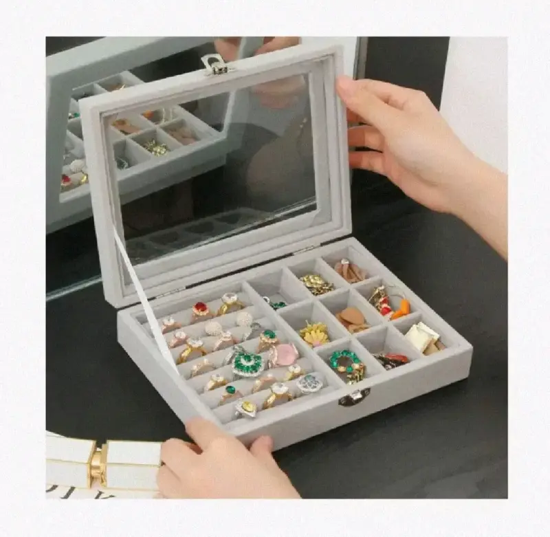Caja organizadora de joyas rosa con tapa transparente - 3