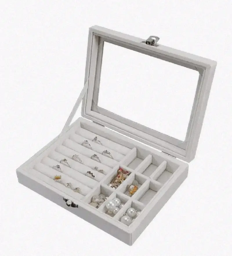 Caja organizadora de joyas rosa con tapa transparente - 4