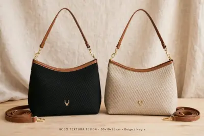 Cartera Hobo Textura Tejida Beige/Negra - miniatura 1