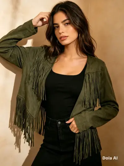 Chaqueta Verde con Flecos para Mujer - miniatura 1