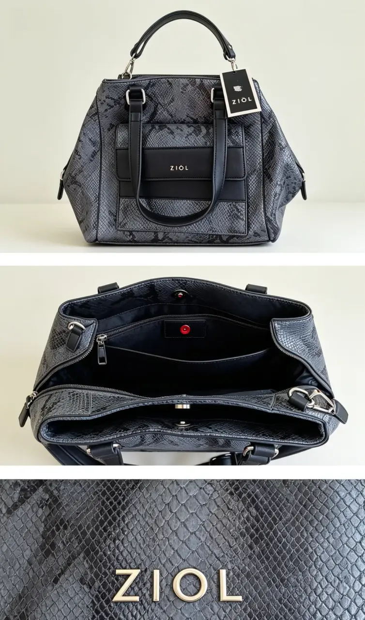 Bolso de mano Ziol gris con textura de serpiente