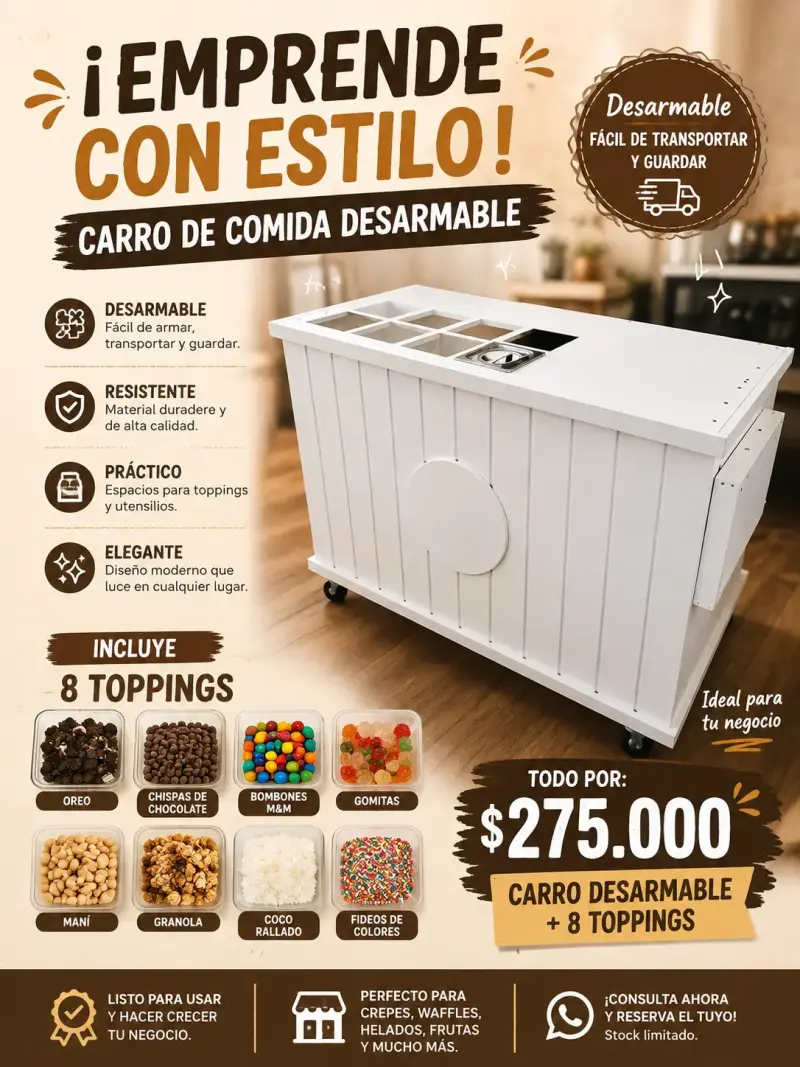 Carro de Comida Desarmable con 8 Toppings