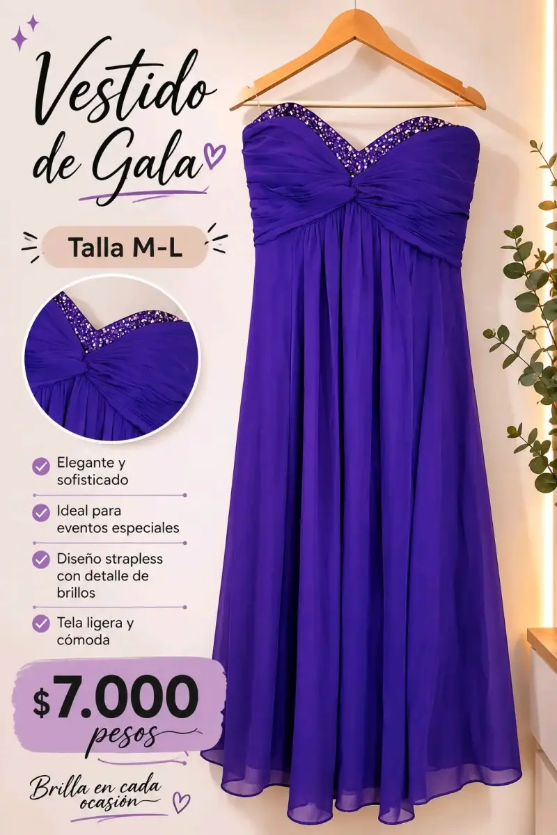 Vestido de gala morado elegante talla M-L