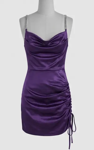 Vestido corto satinado morado,  tirantes de cadena - miniatura 1