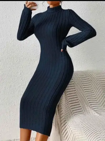 Vestido de punto ajustado azul oscuro - miniatura 1