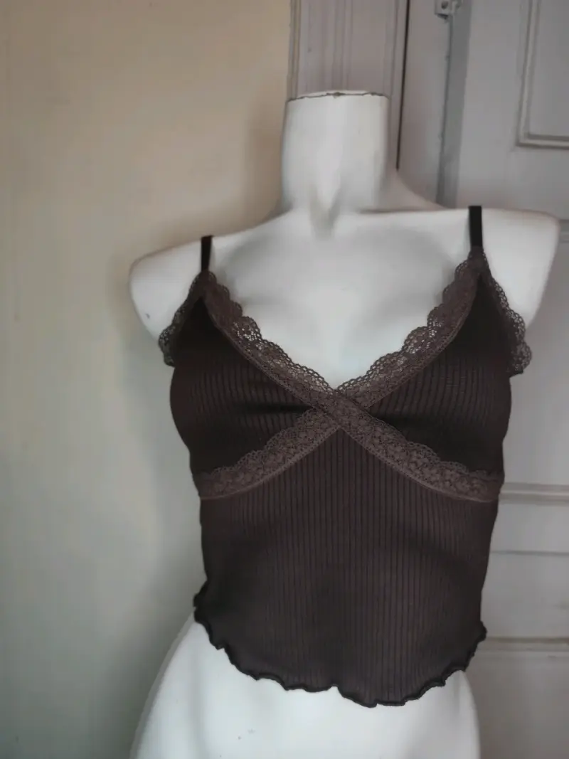 Top de encaje marrón para mujer - 5