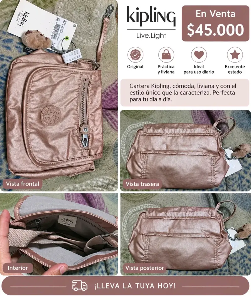 Cartera Kipling rosa metálico ligera y práctica