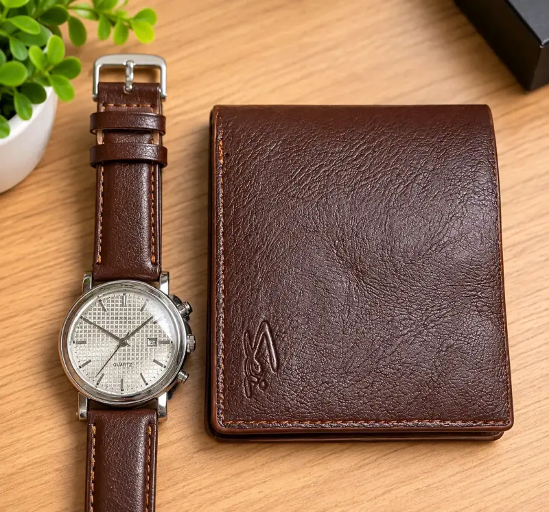 Set de reloj y billetera de cuero marrón - 1