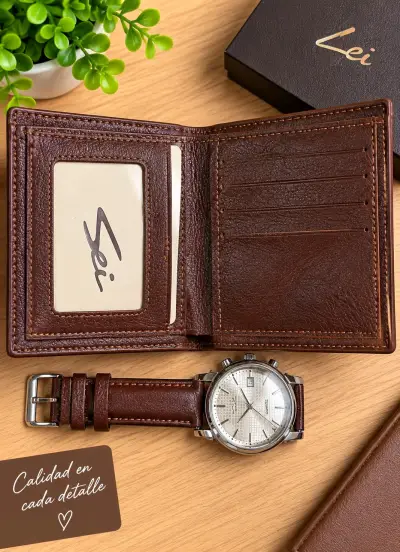 Set de reloj y billetera de cuero marrón - miniatura 3