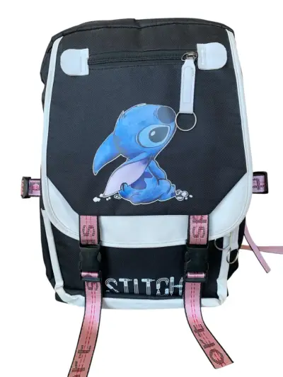 Mochila negra con diseño de Stitch y correas rosadas - miniatura 1