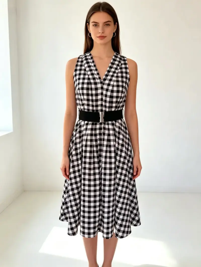 Vestido Ann Taylor vichy blanco y negro con cintur - 1