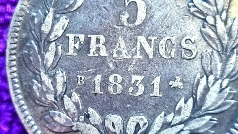 Moneda, Francia, Plata 5 Francos; año:1831. - 3
