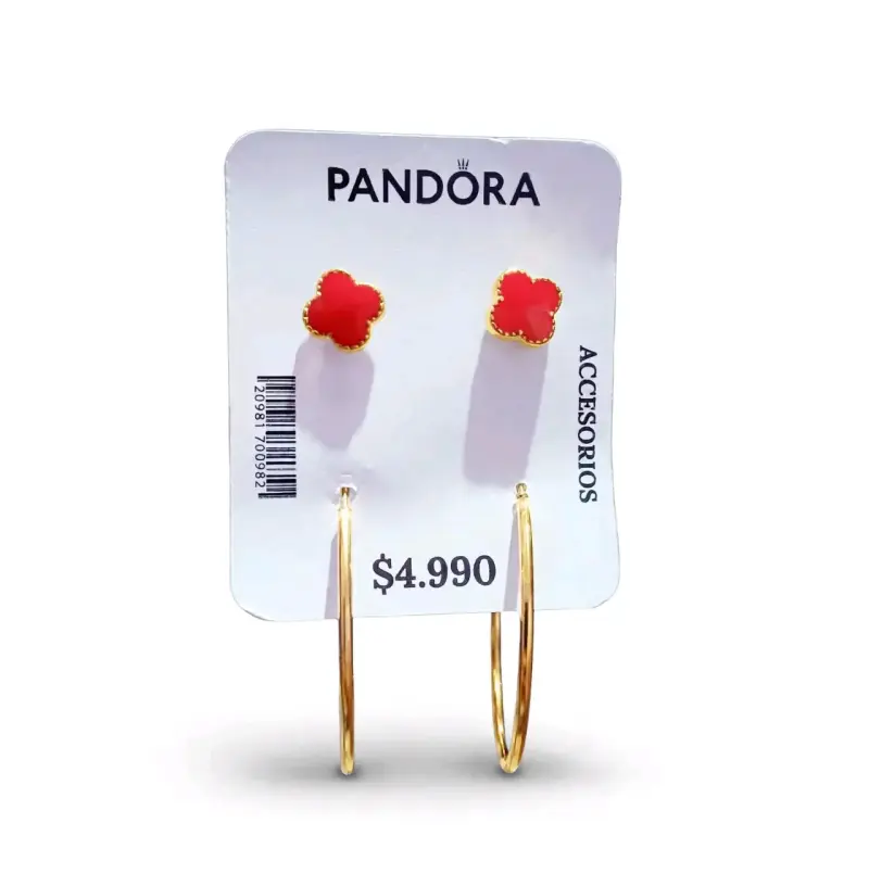 Aros y pendientes Pandora dorados y rojos