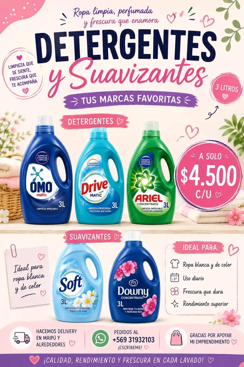Detergentes líquidos 3L Omo, Drive, Ariel y Downy - 3