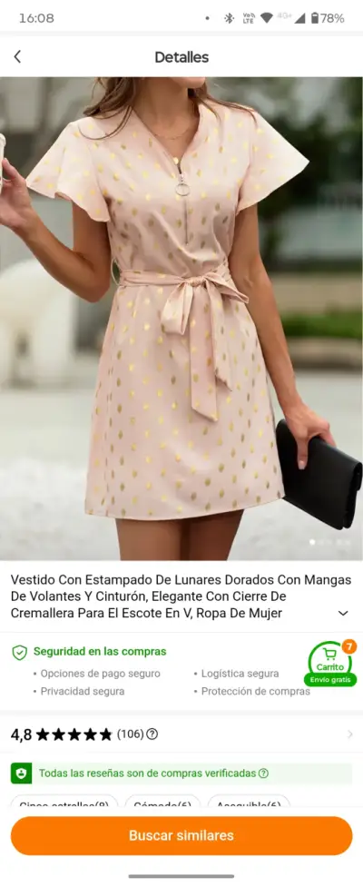 Vestido rosa con lunares dorados y cinturón - miniatura 1