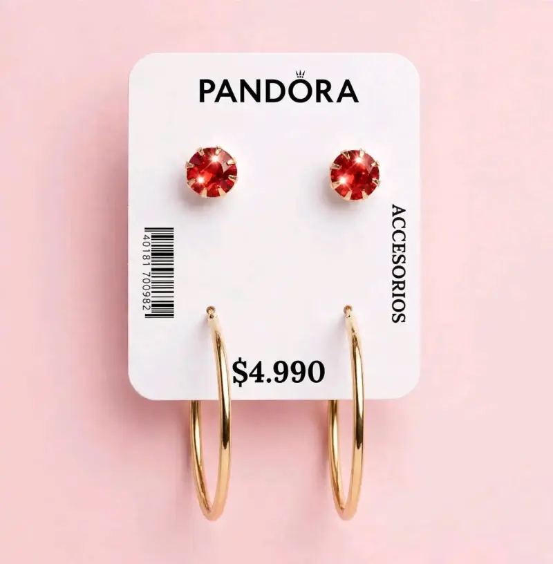 Set de Aros Pandora Dorados con Cristales Rojos
