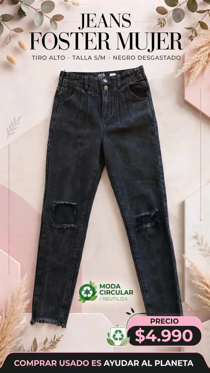 Jeans Foster Mujer Negro Desgastado Tiro Alto