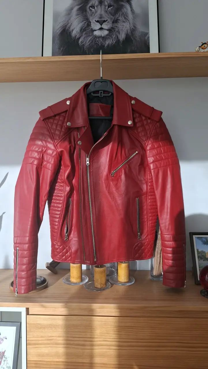 Chaqueta de cuero roja estilo motociclista - 2
