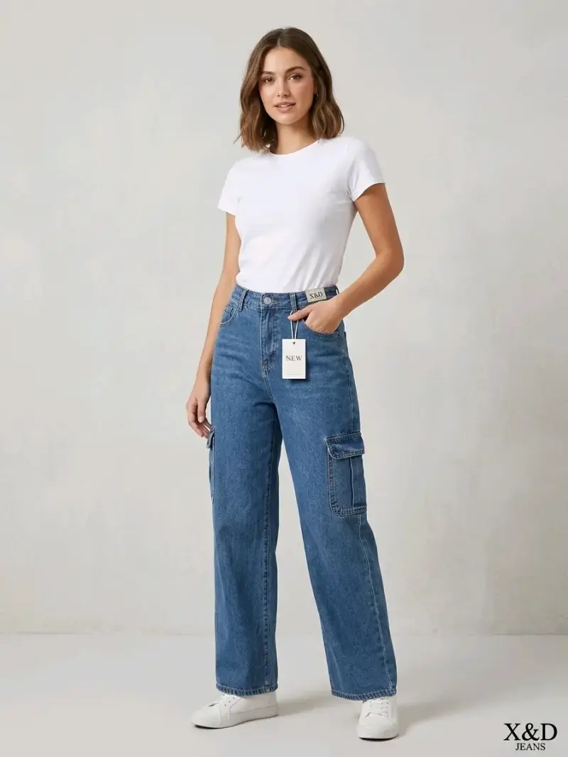 Jeans cargo de mezclilla azul para mujer - 1