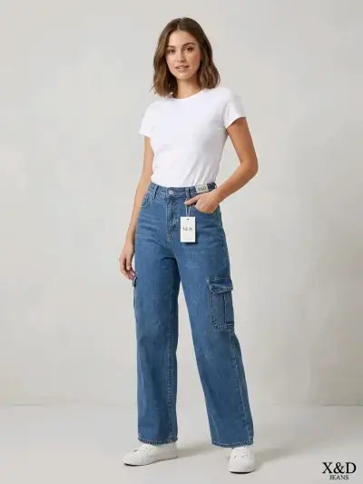 Jeans cargo de mezclilla azul para mujer - miniatura 1