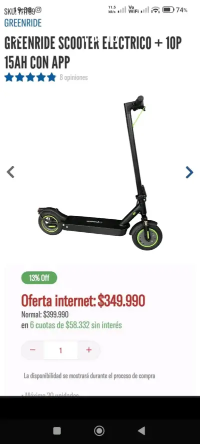 Scooter Eléctrico Greenride 15Ah con App - miniatura 1