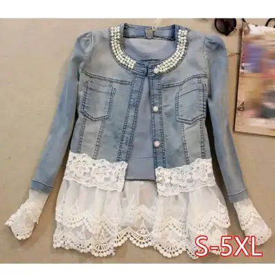 Chaqueta de mezclilla con encaje y perlas para mujer - miniatura 1