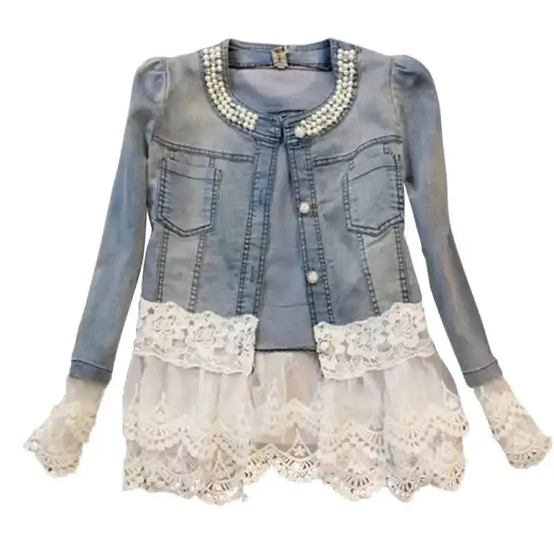 Chaqueta de mezclilla con encaje y perlas para mujer - 4