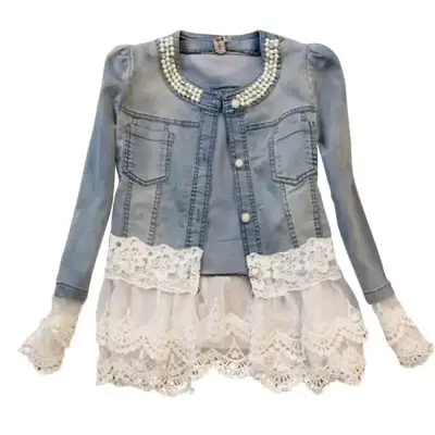 Chaqueta de mezclilla con encaje y perlas para mujer - miniatura 4