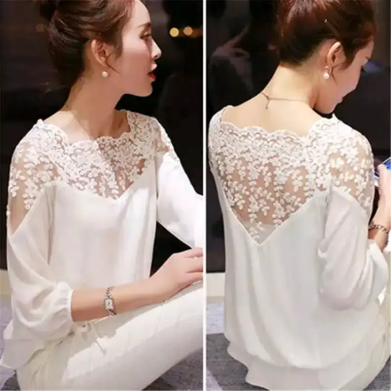 Blusa blanca con encaje floral para mujer - 3
