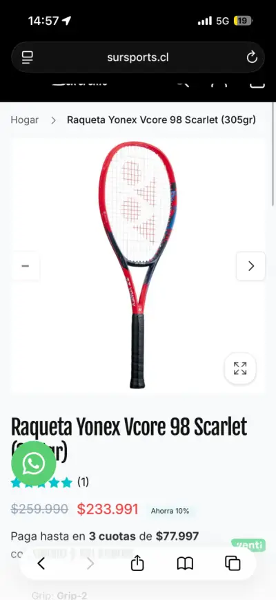 Raqueta de Tenis Yonex Vcore 98 Scarlet 305g - miniatura 1