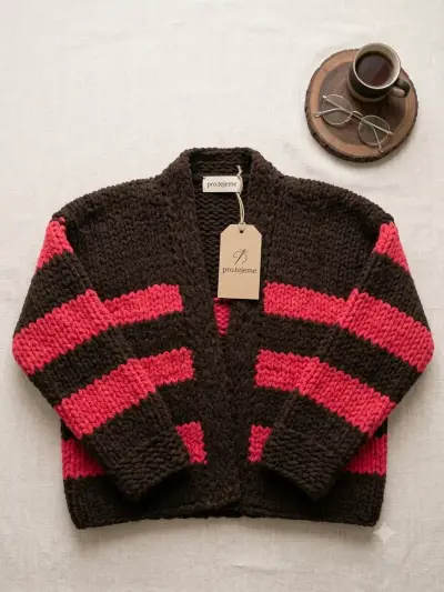 Cardigan de lana a rayas rojo y café - miniatura 1