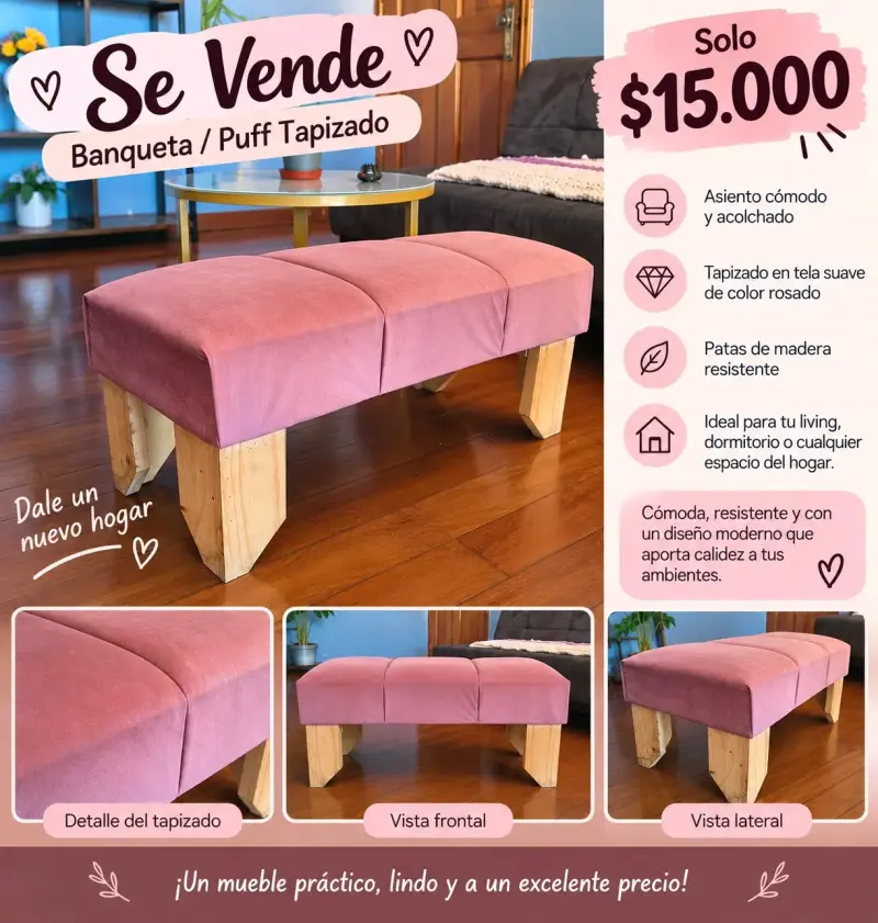 Banqueta Puff Tapizado Rosado con Patas de Madera