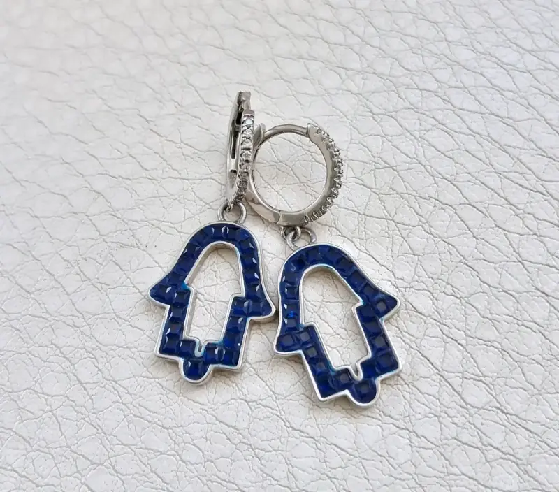 Aros colgantes de plata de mano de Fátima azul - 1
