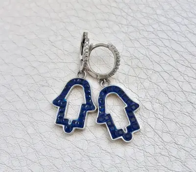 Aros colgantes de plata de mano de Fátima azul - miniatura 1