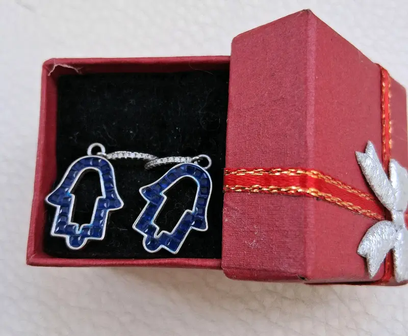 Aros colgantes de plata de mano de Fátima azul - 2