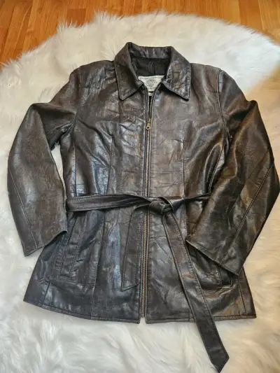 Chaqueta de cuero marrón Bovines con cinturón - miniatura 1