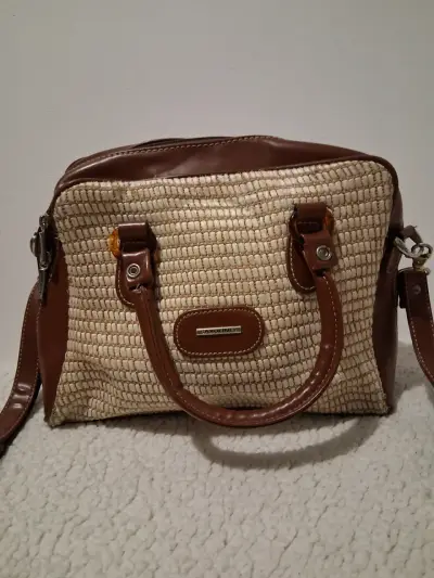 Bolso de mano Saxoline tejido y cuero marrón - miniatura 2