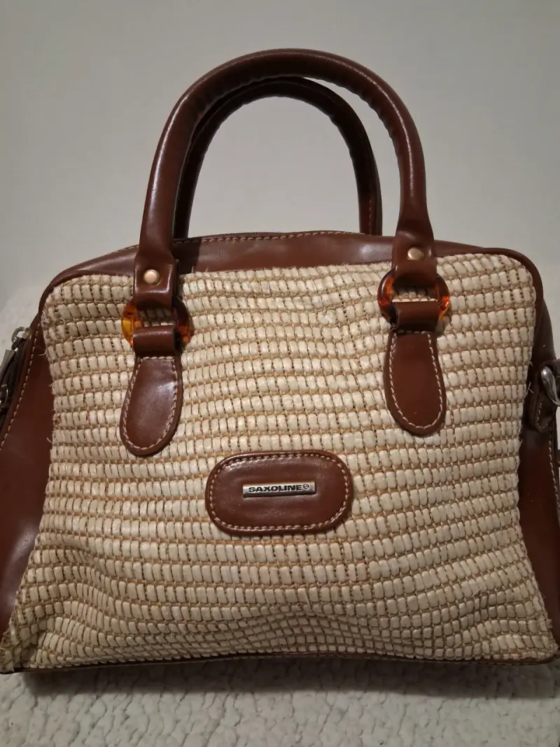 Bolso de mano Saxoline tejido y cuero marrón - 5