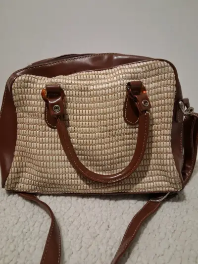 Bolso de mano Saxoline tejido y cuero marrón - miniatura 6