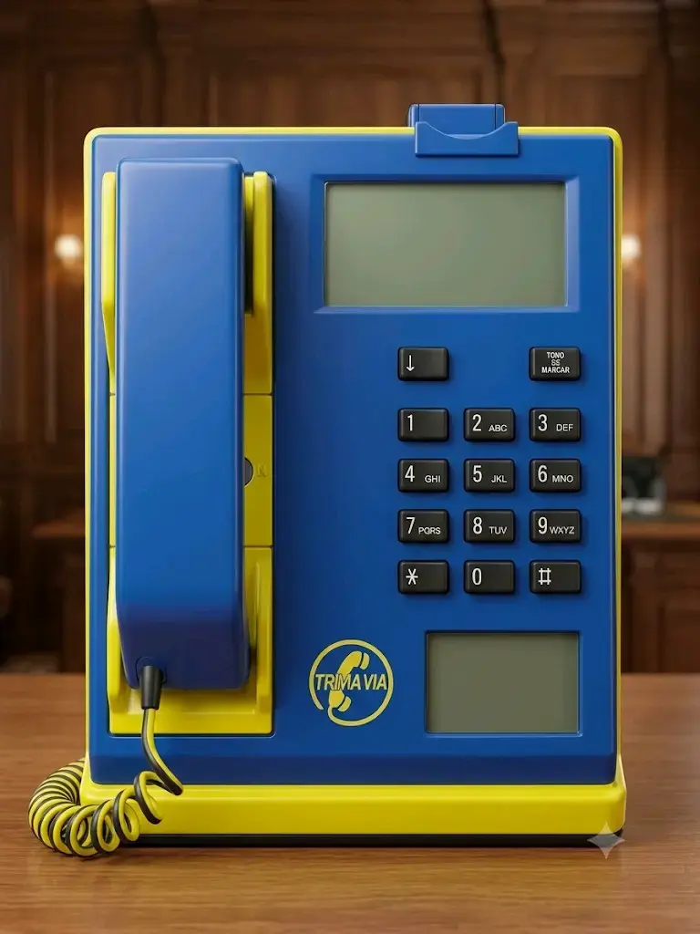 Teléfono público Trimavia azul y amarillo