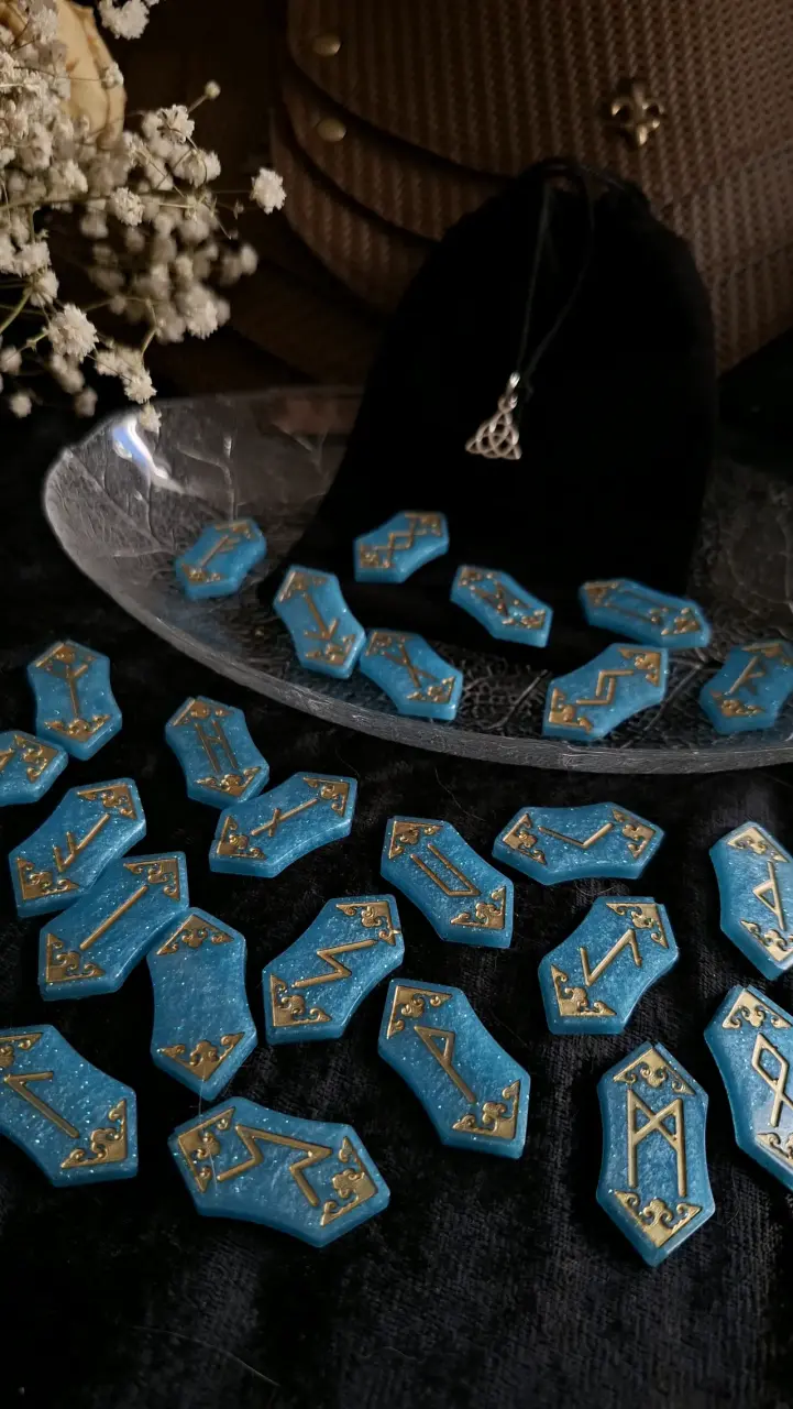 Juego de runas aguamarina con detalles dorados - 1