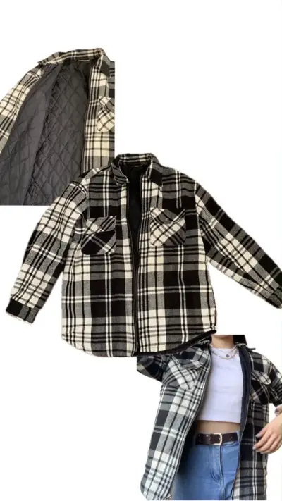 Chaqueta de franela a cuadros blanco y negro - miniatura 1