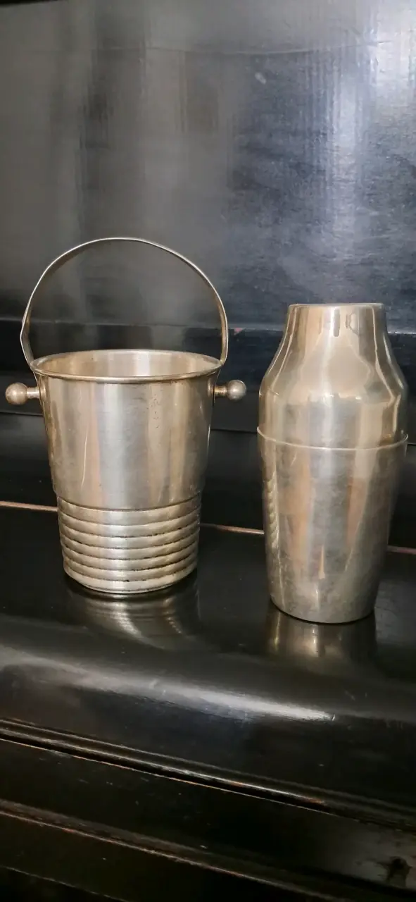 Set de hielera y coctelera años 60 baño de plata - 1