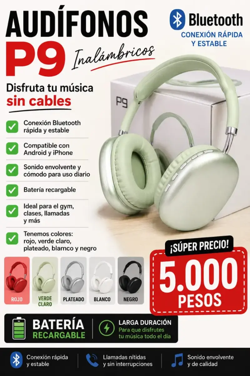 Audífonos inalámbricos P9 Bluetooth recargables