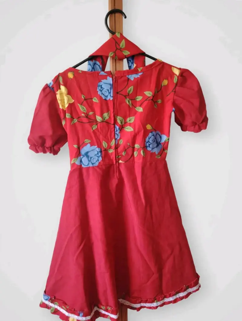 Vestido rojo floral para niña con lazo chinita - 3