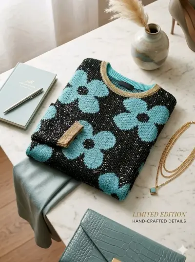 Suéter de flores azul y negro con detalles dorados - miniatura 1